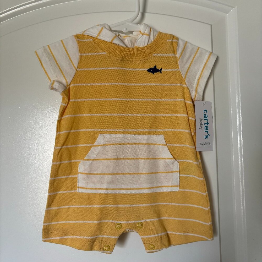 Carters Baby Yellow and White Striped Hooded Romper 3 months ** NWT **